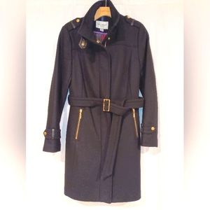 Cole Haan Wool Blend Belted Overcoat with Leather & Gold Trim Size 4